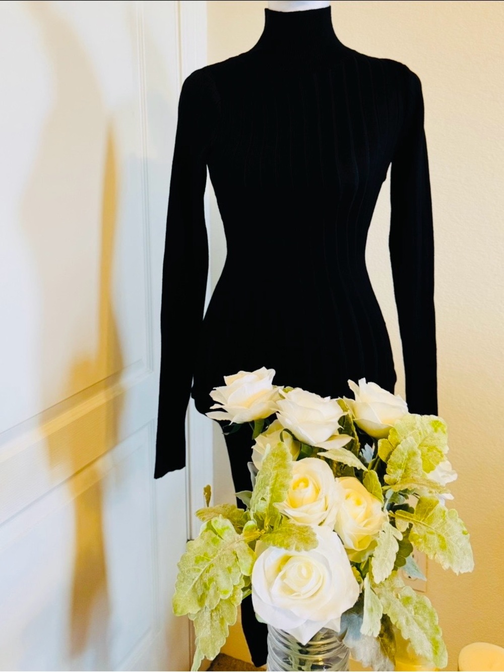 Black Ribbed Turtleneck Long Sleeve Midi Dress - Women's